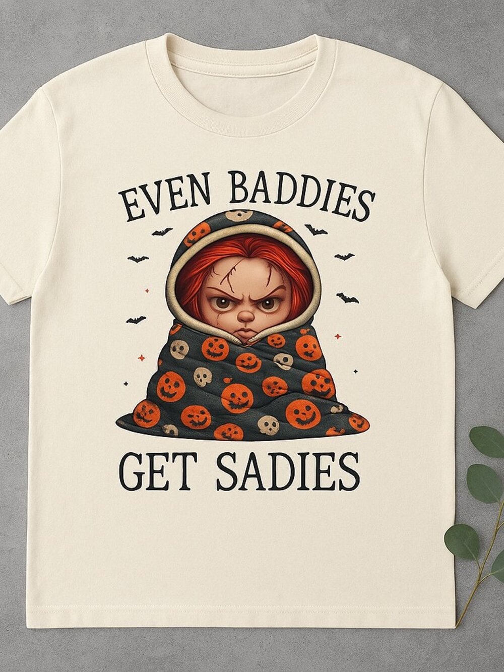 Even Baddies Get Saddies Chucky Horror Movie Halloween Mineral Wash T-Shirt  Bra